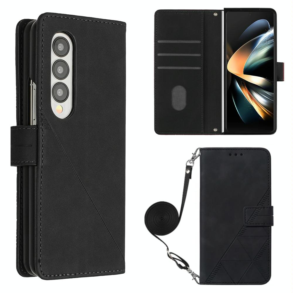 Embossed Leather Flip Crossbody Phone Case 3D Design For Samsung Galaxy Z Fold4 5G Black Other Mobile Accessories