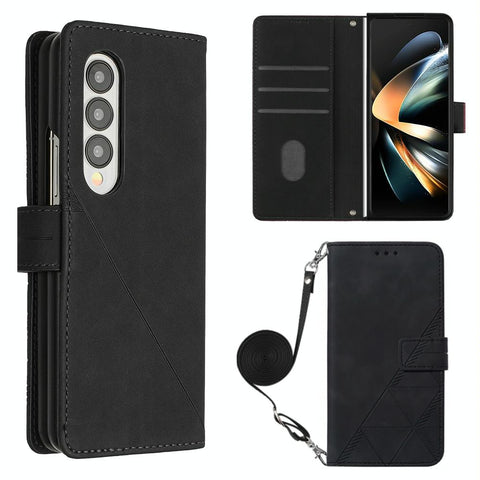 Embossed Leather Flip Crossbody Phone Case 3D Design For Samsung Galaxy Z Fold4 5G Black Other Mobile Accessories