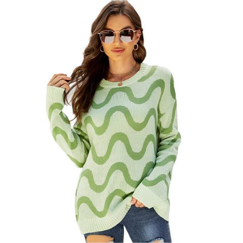 Women Casual Pullover Sweater Round Neck Wave Pattern Collision Colour Knitted Size M Green Hoodies & Sweatshirts