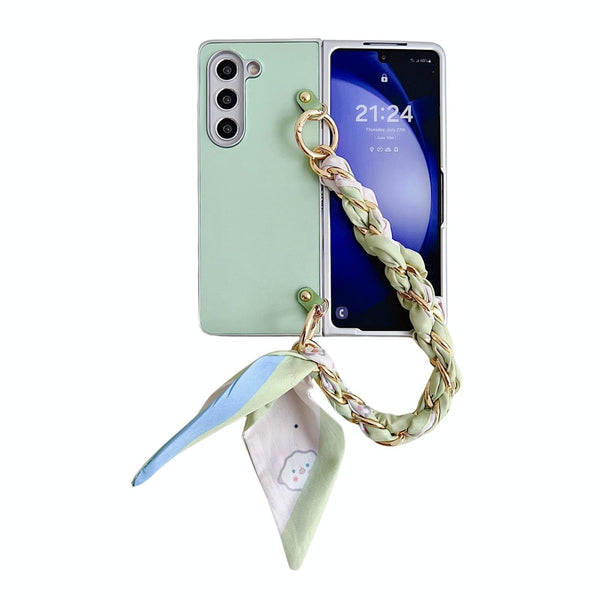 For Samsung Galaxy Z Fold4 5G Leather Phone Case With Metallic Paint And Scarf Bracelet Green Cases Covers & Skins