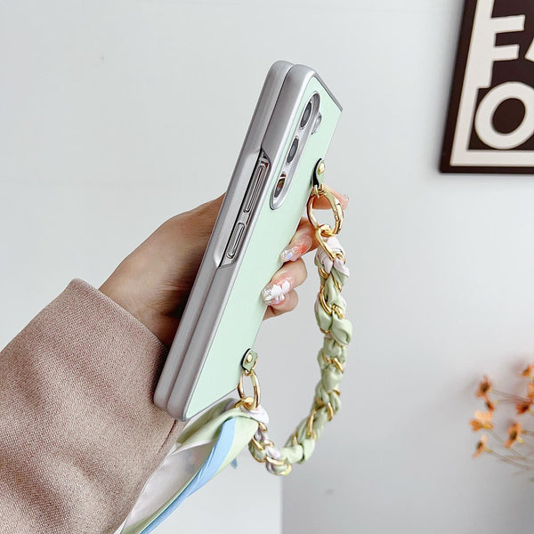 For Samsung Galaxy Z Fold4 5G Leather Phone Case With Metallic Paint And Scarf Bracelet Green Cases Covers & Skins
