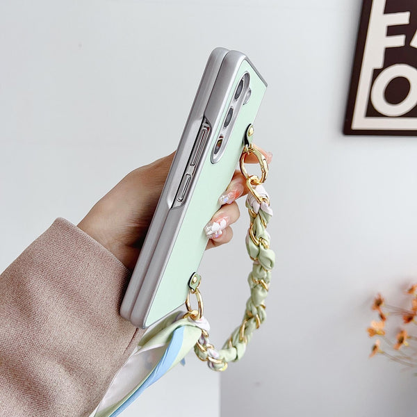 For Samsung Galaxy Z Fold4 5G Leather Phone Case With Metallic Paint And Scarf Bracelet Green Cases Covers & Skins