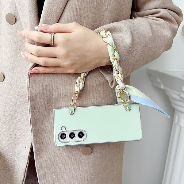 For Samsung Galaxy Z Fold4 5G Leather Phone Case With Metallic Paint And Scarf Bracelet Green Cases Covers & Skins