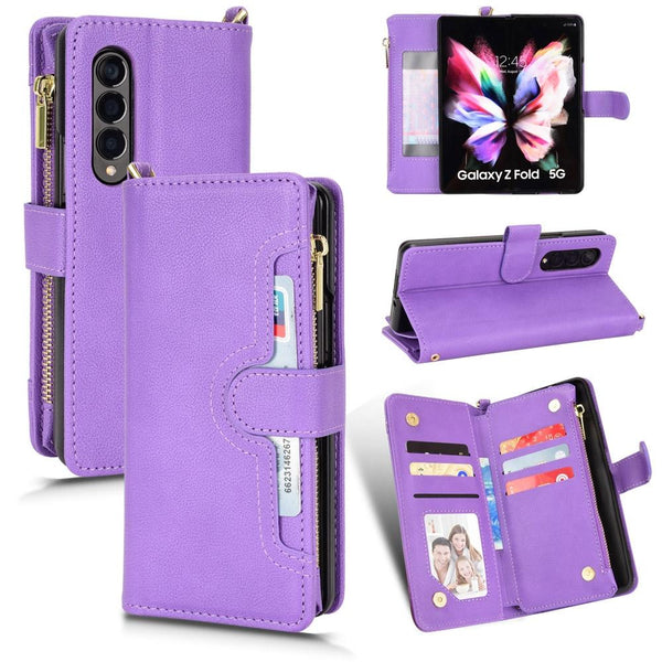 Zipper Leather Phone Case With Litchi Texture For Samsung Galaxy Fold4 5G Purple Other Mobile Accessories