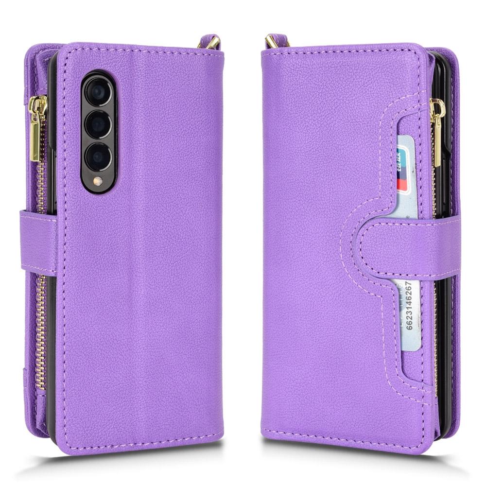 Zipper Leather Phone Case With Litchi Texture For Samsung Galaxy Fold4 5G Purple Other Mobile Accessories