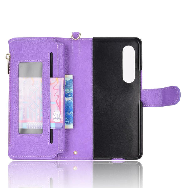 Zipper Leather Phone Case With Litchi Texture For Samsung Galaxy Fold4 5G Purple Other Mobile Accessories