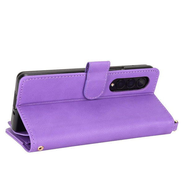 Zipper Leather Phone Case With Litchi Texture For Samsung Galaxy Fold4 5G Purple Other Mobile Accessories