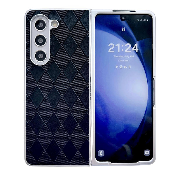 For Samsung Galaxy Z Fold4 5G Checkered Leather Phone Case With Pearlescent Finish Black Cases Covers & Skins