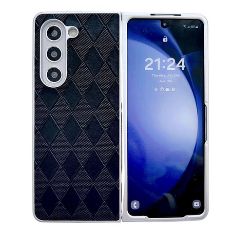 For Samsung Galaxy Z Fold4 5G Checkered Leather Phone Case With Pearlescent Finish Black Cases Covers & Skins