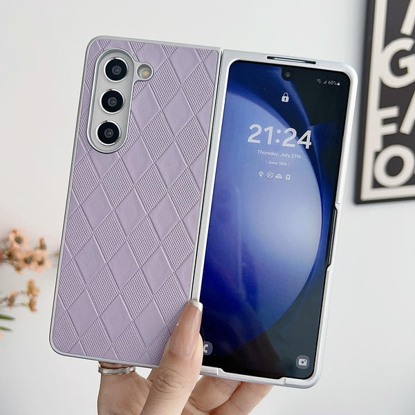 For Samsung Galaxy Z Fold4 5G Checkered Leather Phone Case With Pearlescent Finish Black Cases Covers & Skins