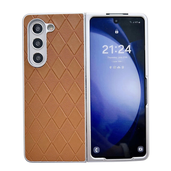 For Samsung Galaxy Z Fold4 5G Checkered Leather Phone Case With Pearlescent Finish Black Cases Covers & Skins