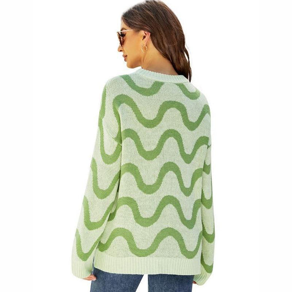Women Casual Pullover Sweater Round Neck Wave Pattern Collision Colour Knitted Size Xl Green Jumpers & Cardigans