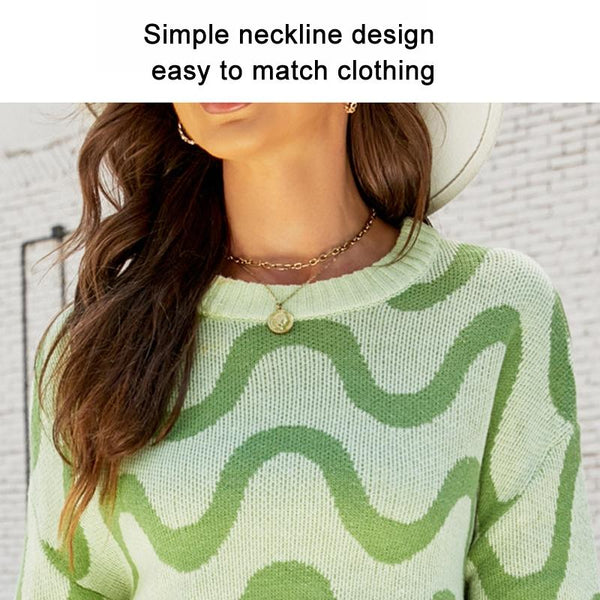 Women Casual Pullover Sweater Round Neck Wave Pattern Collision Colour Knitted Size Xl Green Jumpers & Cardigans