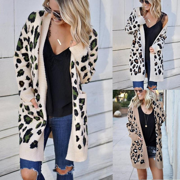 Fashion Leopard Cardigan Knit Sweater Khaki Xl Jumpers & Cardigans