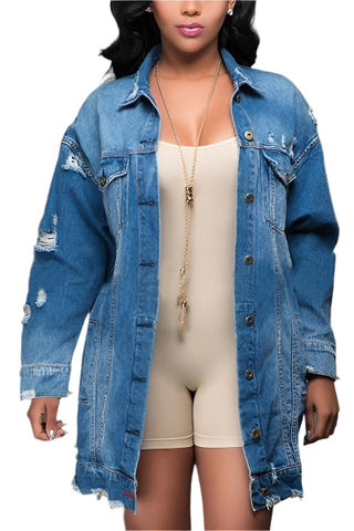 Women Plus Size Mid Length Ripped Denim Trench Coat Xl Coats Jackets & Vests