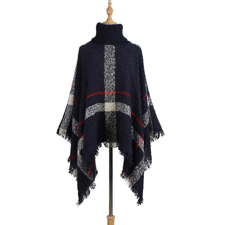 Women Mid Length Turtleneck Sweater Fringed Cloak Shawl Size Free Navy Blue Coats Jackets & Vests