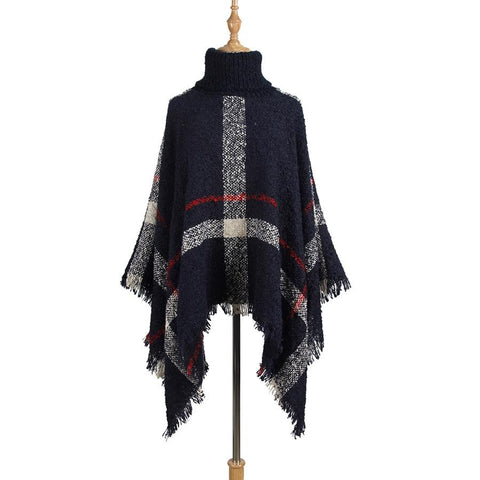 Women Mid Length Turtleneck Sweater Fringed Cloak Shawl Size Free Navy Blue Coats Jackets & Vests