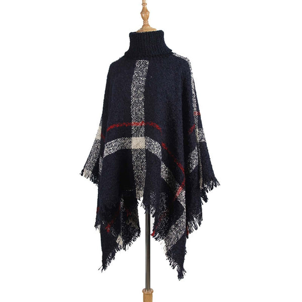 Women Mid Length Turtleneck Sweater Fringed Cloak Shawl Size Free Navy Blue Coats Jackets & Vests