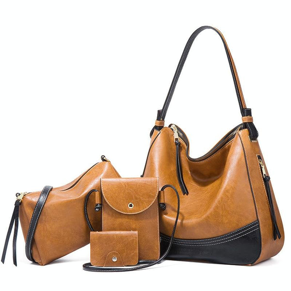 Large Capacity Diagonal Handbags 4 In 1 Colour Block Leather Bags Brown Women's Bags & Handbags