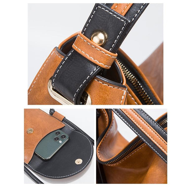 Large Capacity Diagonal Handbags 4 In 1 Colour Block Leather Bags Brown Women's Bags & Handbags