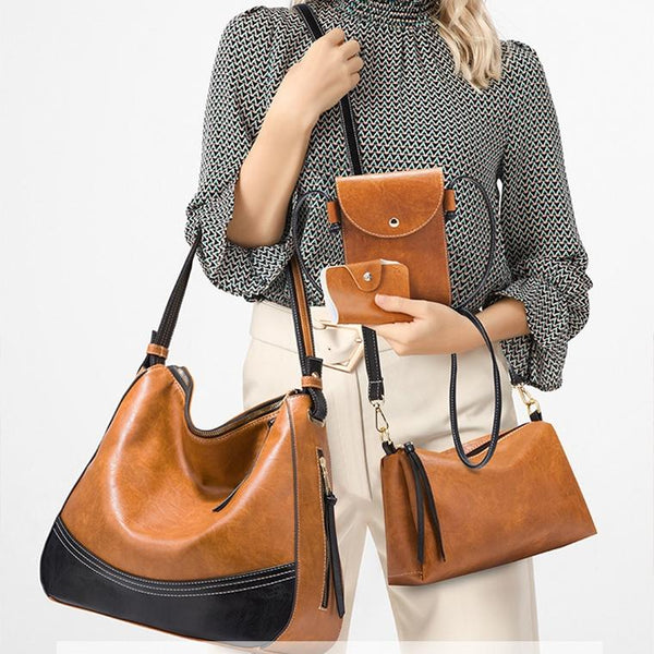 Large Capacity Diagonal Handbags 4 In 1 Colour Block Leather Bags Brown Women's Bags & Handbags