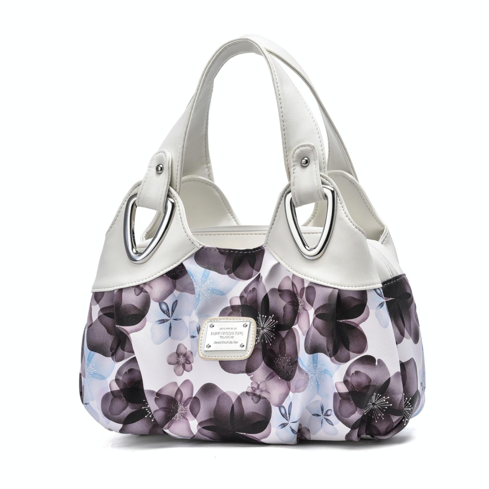 Soft Leather Women Handbag White Handle Purple Flower Women's Bags & Handbags