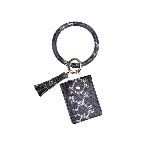 Snake Print Wrist Keychain Coin Purse Black Leather Bracelet Card Case Wallets