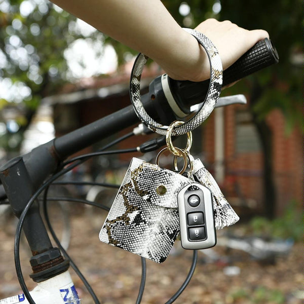 Snake Print Wrist Keychain Coin Purse Black Leather Bracelet Card Case Wallets