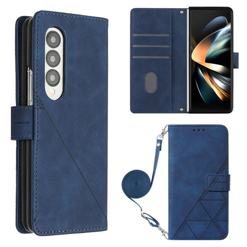 Embossed Leather Flip Crossbody Phone Case 3D Design For Samsung Galaxy Z Fold4 5G Blue Other Mobile Accessories