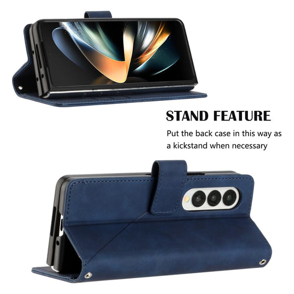 Embossed Leather Flip Crossbody Phone Case 3D Design For Samsung Galaxy Z Fold4 5G Blue Other Mobile Accessories