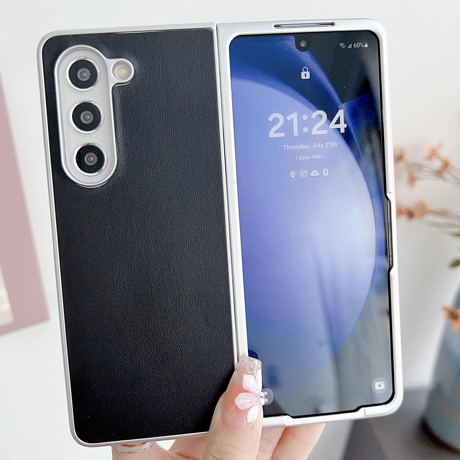 For Samsung Galaxy Z Fold4 5G Shiny Leather Phone Case With Metallic Finish Black Cases Covers & Skins