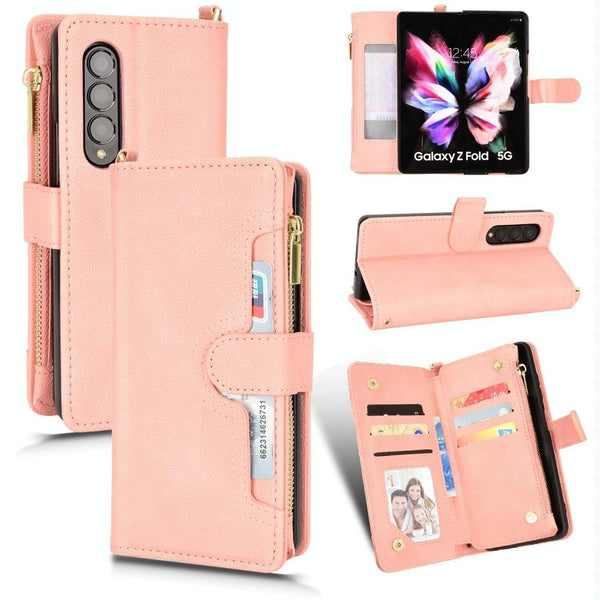 Zipper Leather Phone Case With Litchi Texture For Samsung Galaxy Fold4 5G Pink Other Mobile Accessories