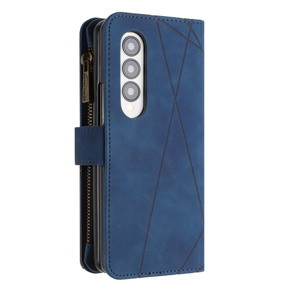 For Samsung Galaxy Z Fold4 5G Leather Zip Wallet With Rhombus Texture Blue Cases Covers & Skins