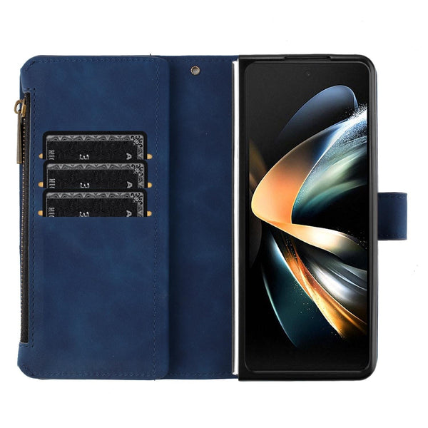 For Samsung Galaxy Z Fold4 5G Leather Zip Wallet With Rhombus Texture Blue Cases Covers & Skins