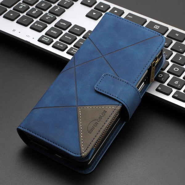For Samsung Galaxy Z Fold4 5G Leather Zip Wallet With Rhombus Texture Blue Cases Covers & Skins