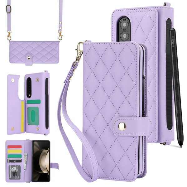 For Samsung Galaxy Z Fold4 5G Multifunctional Rhombic Leather Crossbody Phone Case Purple Cases Covers & Skins