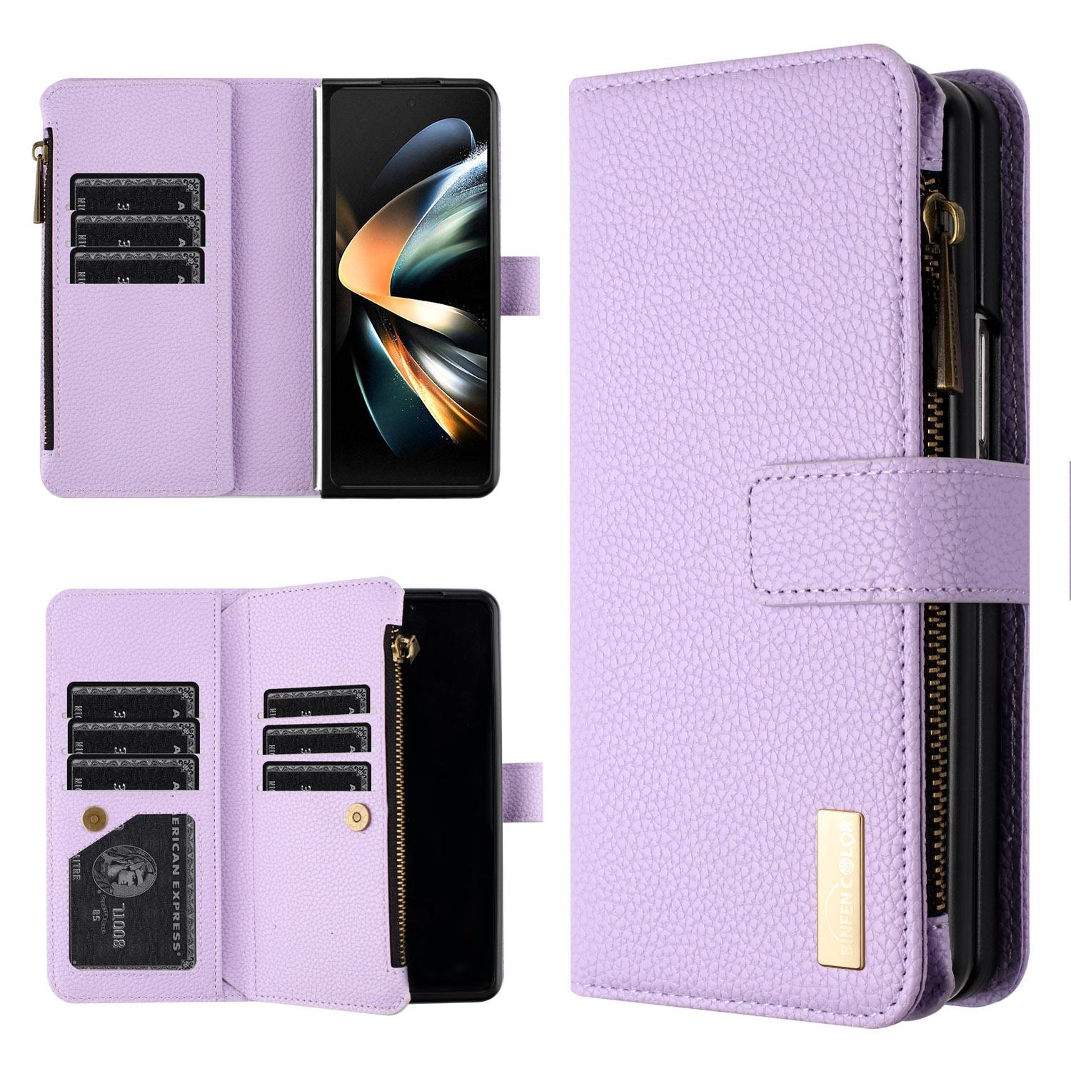 For Samsung Galaxy Z Fold4 5G Litchi Texture Zip Wallet Purple Cases Covers & Skins