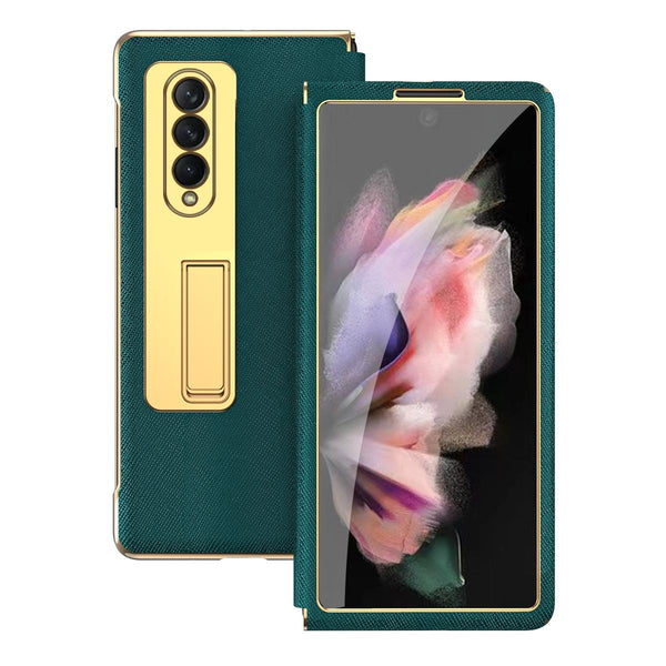 For Samsung Galaxy Z Fold4 5G Flip Case With Tempered Film Textured Hinge Cyan Cases Covers & Skins