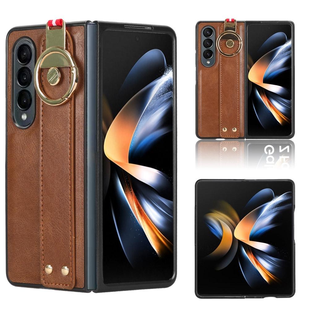 For Samsung Galaxy Z Fold4 5G Leather Wristband Phone Case Back Cover Brown Straps & Charms