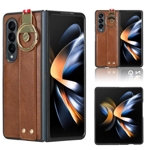 For Samsung Galaxy Z Fold4 5G Leather Wristband Phone Case Back Cover Brown Straps & Charms