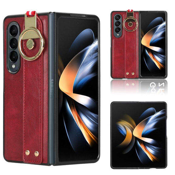 For Samsung Galaxy Z Fold4 5G Leather Wristband Phone Case Back Cover Brown Straps & Charms