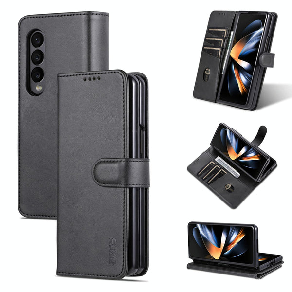 For Samsung Galaxy Z Fold4 5G Leather Phone Case Smooth Calf Texture Black Cases Covers & Skins
