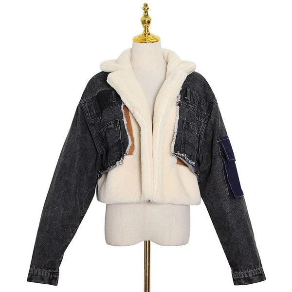 Plush Thick Denim Stitching Lamb Fur Lapel Cotton Jacket Black Xxl Coats Jackets & Vests