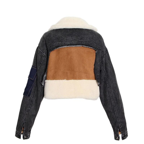 Plush Thick Denim Stitching Lamb Fur Lapel Cotton Jacket Black Xxl Coats Jackets & Vests