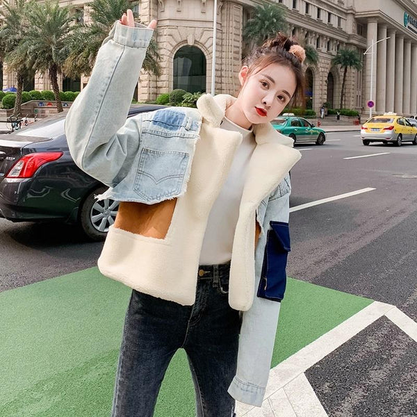 Plush Thick Denim Stitching Lamb Fur Lapel Cotton Jacket Black Xxl Coats Jackets & Vests