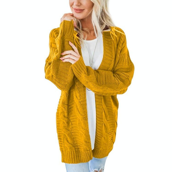 Mid Length Style Solid Colour Thick Thread Twist Cardigan Knit Sweater Size Yellow Jumpers & Cardigans