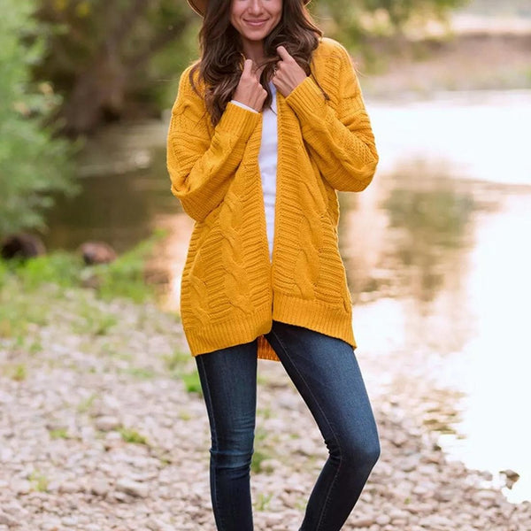Mid Length Style Solid Colour Thick Thread Twist Cardigan Knit Sweater Size Yellow Jumpers & Cardigans