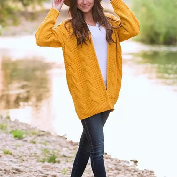 Mid Length Style Solid Colour Thick Thread Twist Cardigan Knit Sweater Size Yellow Jumpers & Cardigans