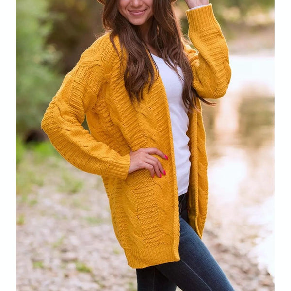Mid Length Style Solid Colour Thick Thread Twist Cardigan Knit Sweater Size Yellow Jumpers & Cardigans