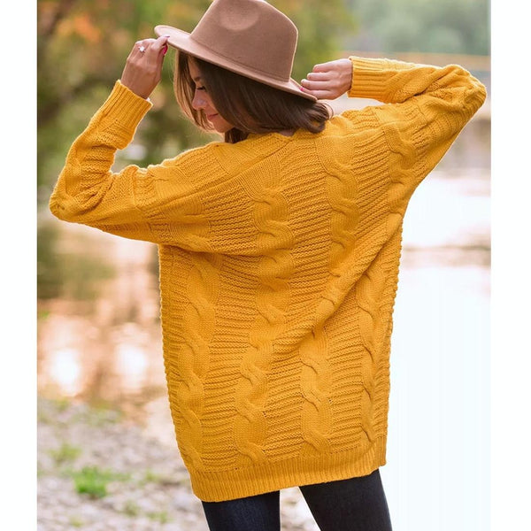 Mid Length Style Solid Colour Thick Thread Twist Cardigan Knit Sweater Size Yellow Jumpers & Cardigans